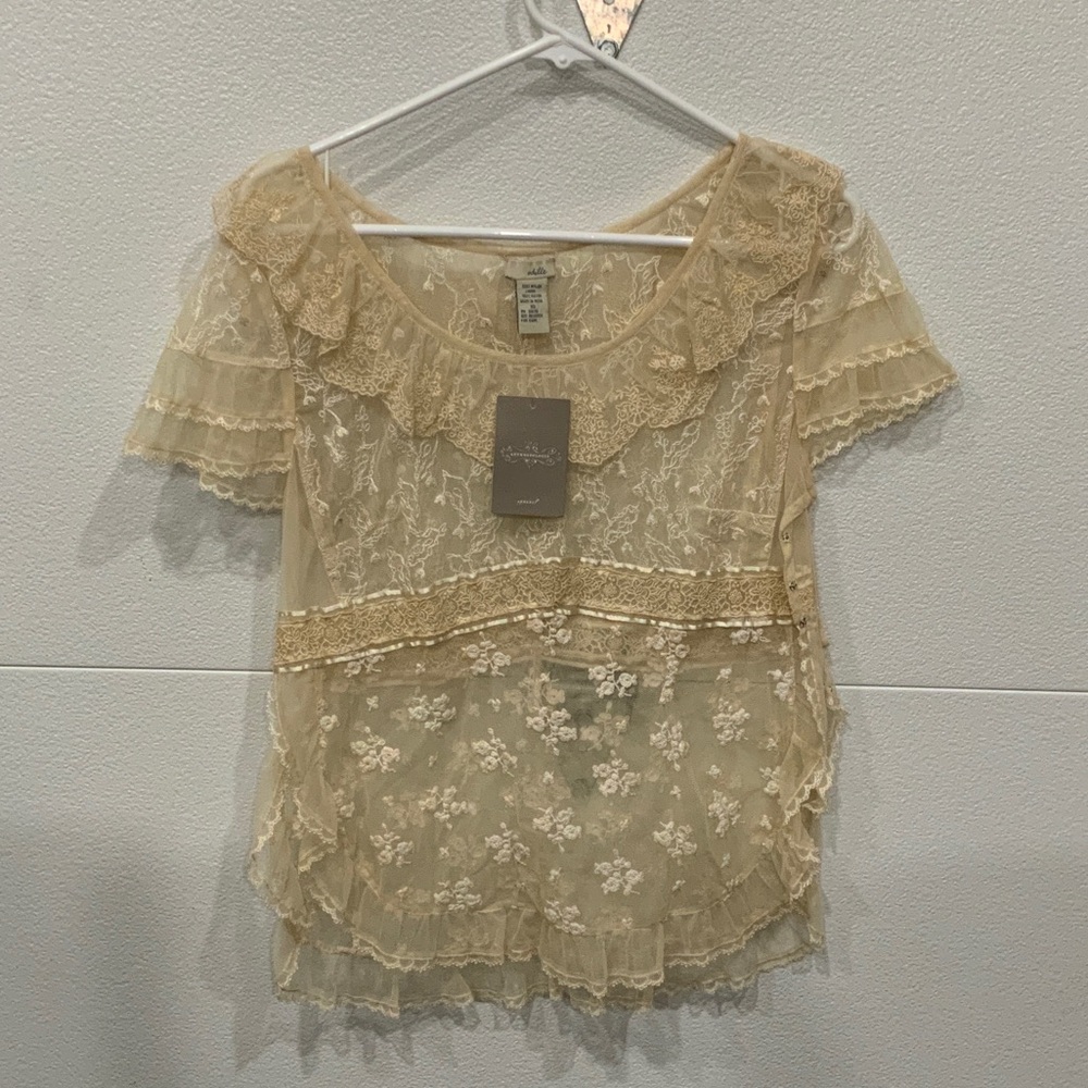 Odille Sheer Lace Ruffled Blouse in Cream